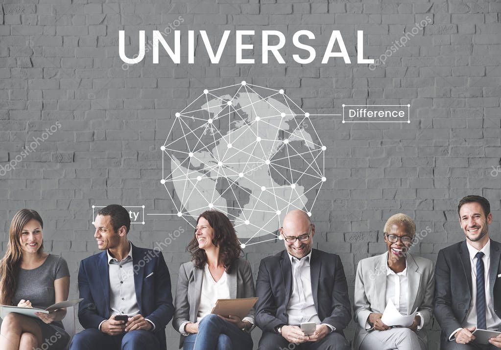 Business people in row brainstorming, white collar workers concept, text: Universal