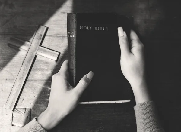 Szent Biblia tartó kezek — Stock Fotó
