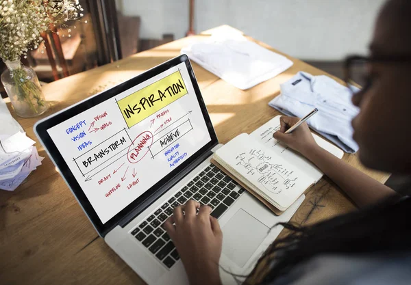 Estudante usando laptop e escrever notas — Fotografia de Stock