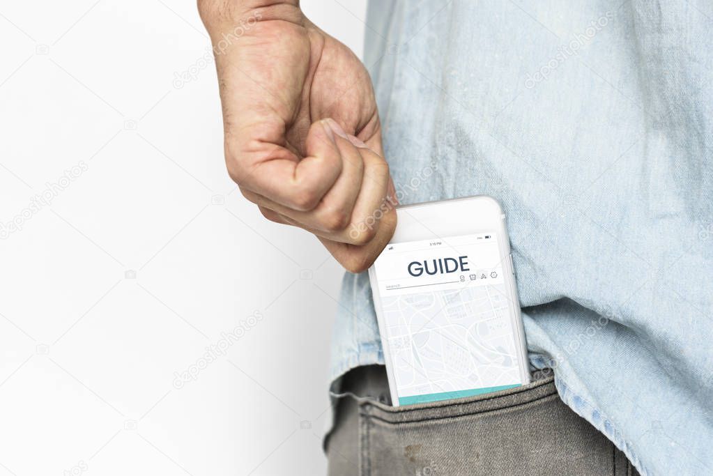 person with smartphone in pocket