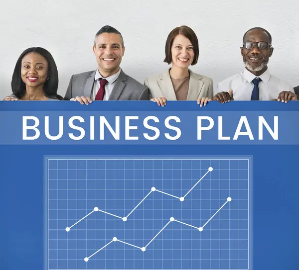 Business people holding informational board — Stock Photo, Image