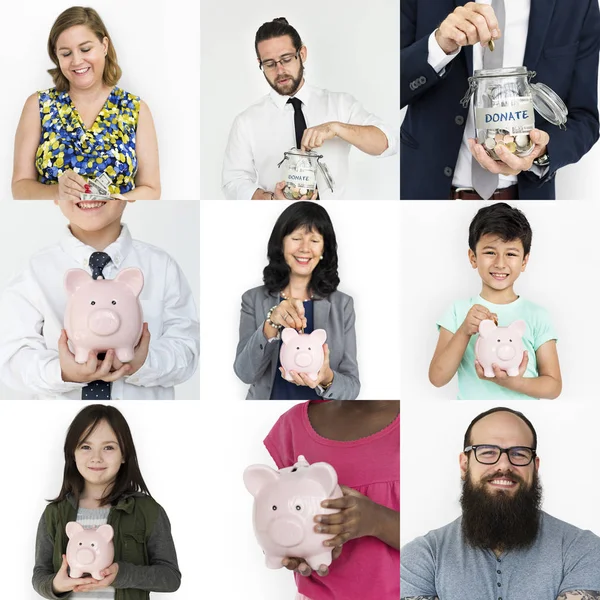 Pessoas de poupança de dinheiro no banco porquinho — Fotografia de Stock