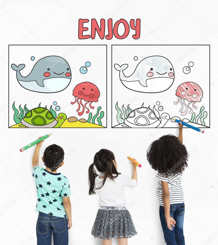 children drawing on wall