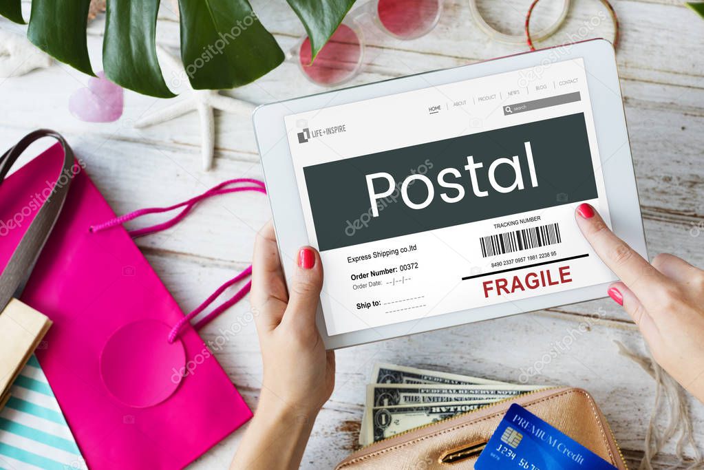 Close up of hands using digital tablet, Postal Concept