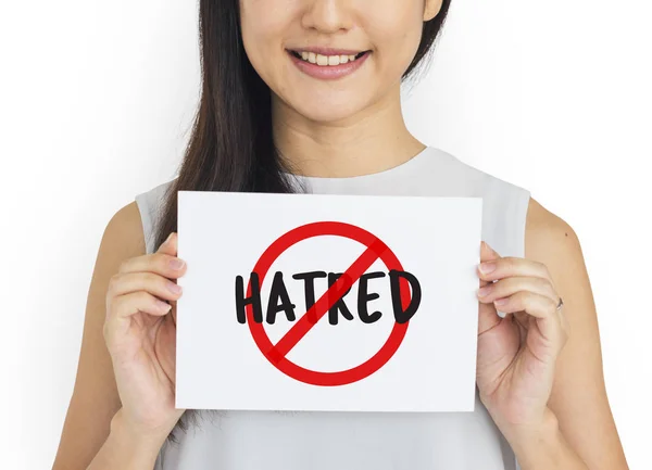 Joven asiático mujer holding banner — Foto de Stock