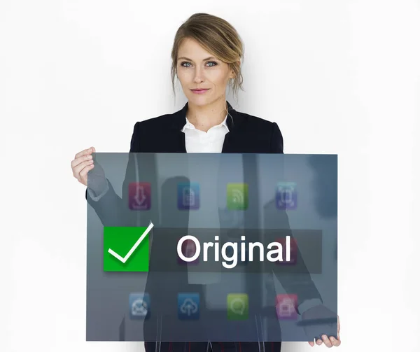 Businesswoman holding placard — Stock Photo, Image