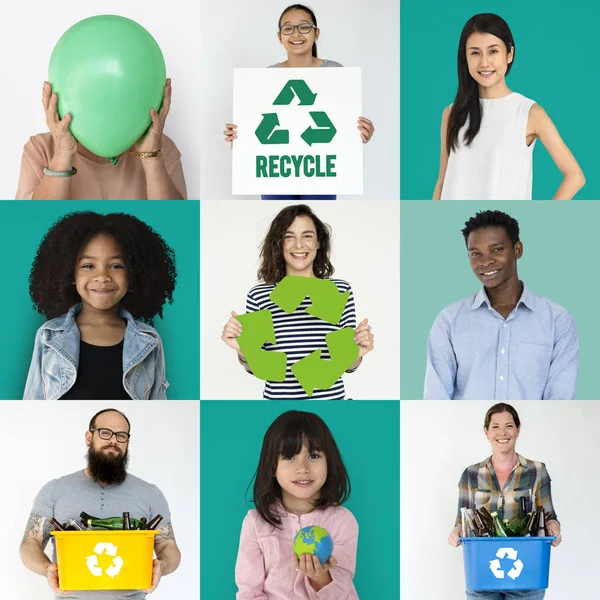 Collage mit Diversität Menschen mit Recycling — Stockfoto