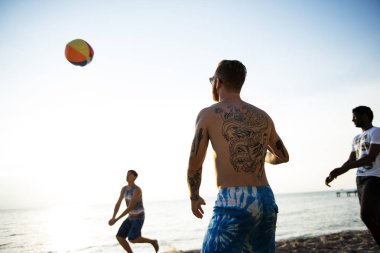 plaj topu oynayan arkadaşlar