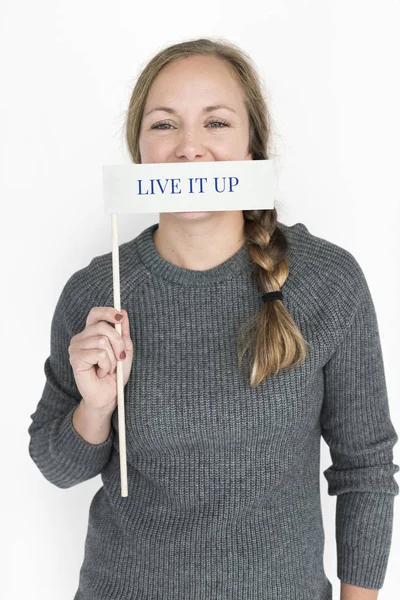 Vrouw met banner-vlag. — Stockfoto