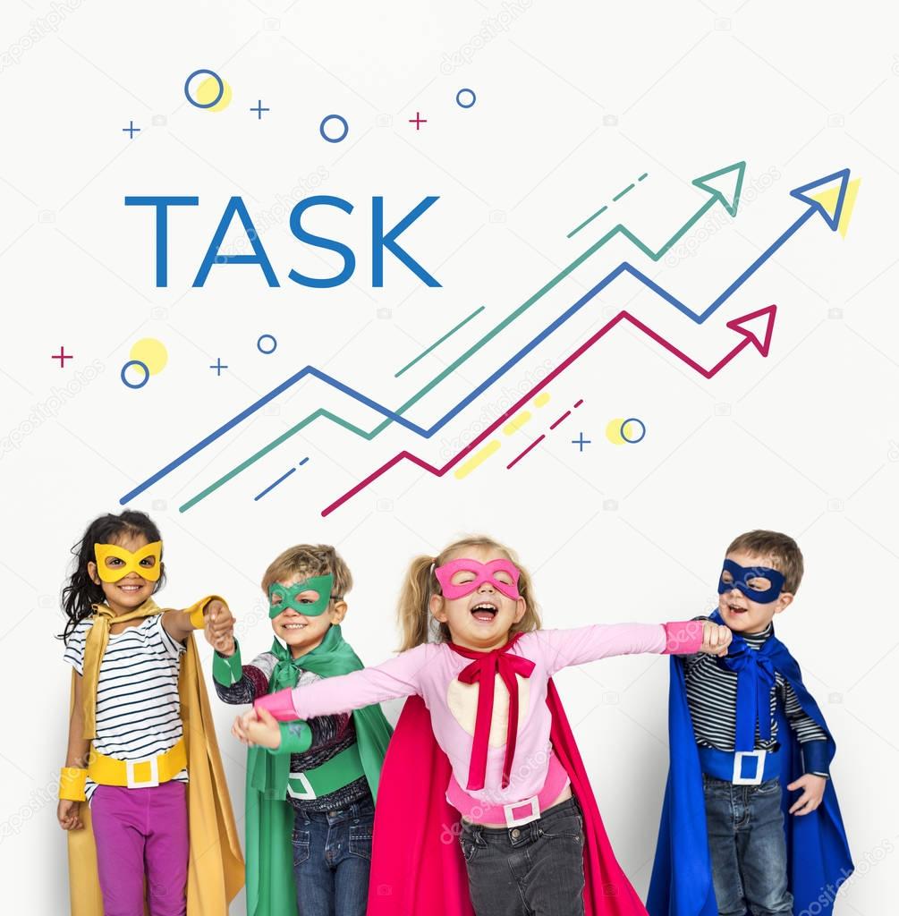 Multiethnic children in super hero costumes, superhero kids concept, title: Task