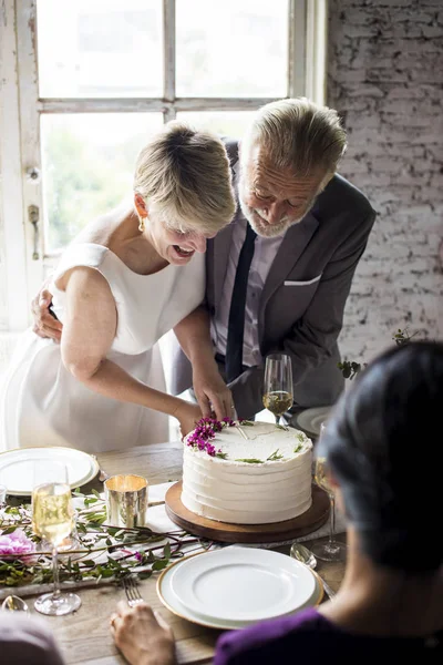 Frischvermähltes Paar schneidet Kuchen — Stockfoto