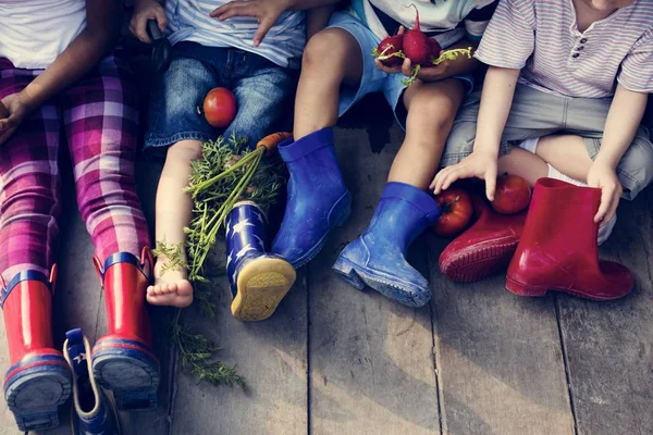 Kinderen zitten met verse groenten — Stockfoto