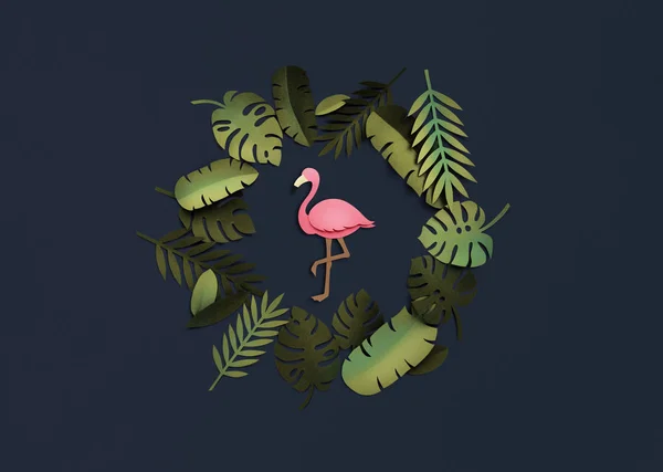Листья и оригами розовый фламинго — стоковое фото