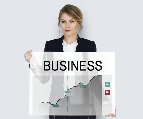 Businesswoman holds glass banner — Stock Photo, Image