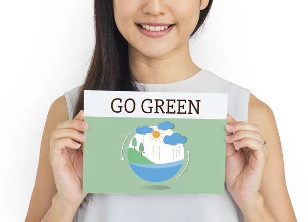 Young asian woman holding banner — Stock Photo, Image