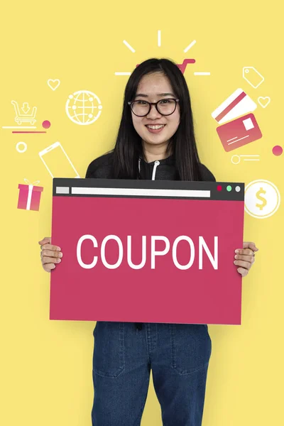 Smiling woman holds placard — Stock Photo, Image