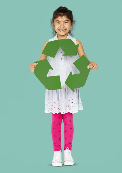 Girl with green recycle sign — Stock Photo, Image