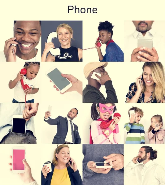 Conjunto de Personas Diversas Usando Teléfono — Foto de Stock