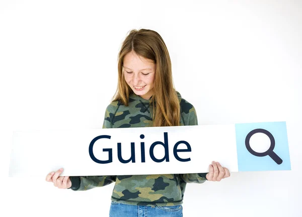 Girl Holding Search Bar Placard — Stok Foto