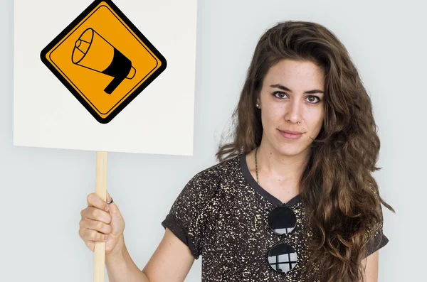 Beautifull woman holding placard — Stock Photo, Image