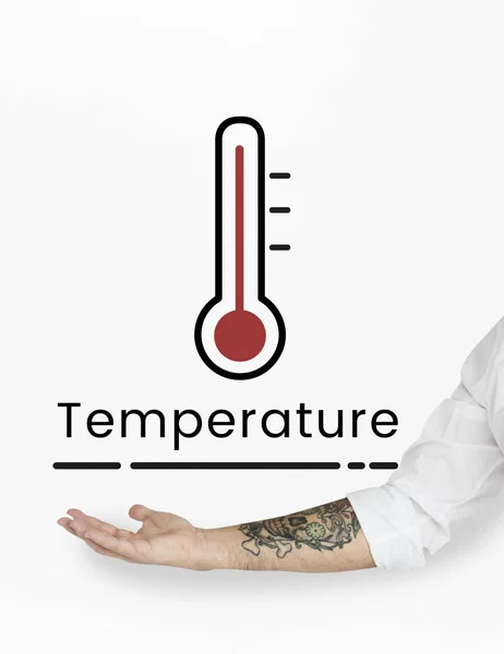 Male hand pointing at thermometer — Stock Photo, Image