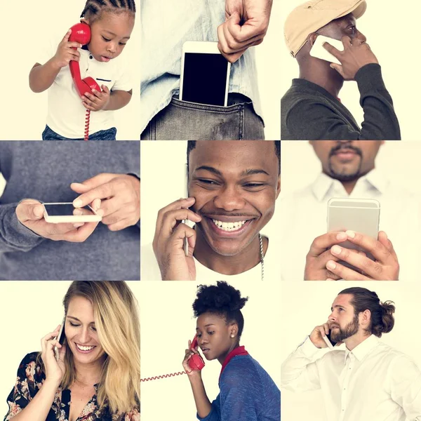 Ensemble de personnes diverses utilisant le téléphone — Photo