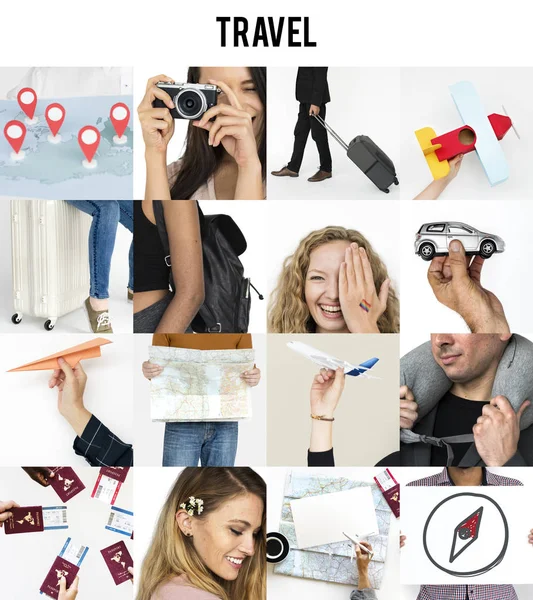 Collage con personas de diversidad y viajes — Foto de Stock
