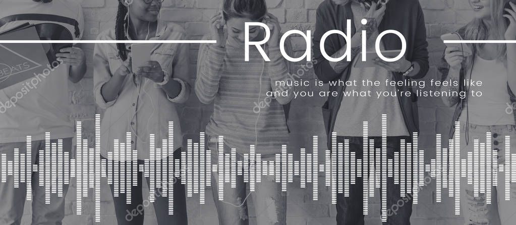 Partial view of friends using different digital devices, text: Radio