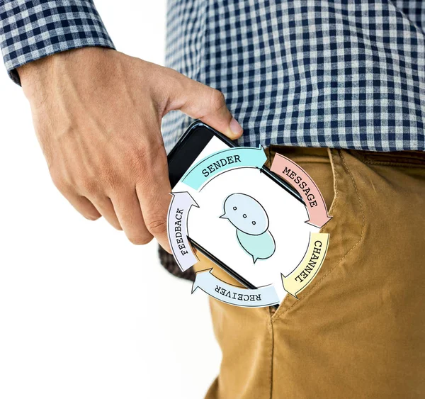 Mano maschile mettendo smartphone in tasca — Foto Stock
