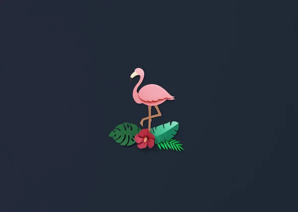 Bladeren en origami roze flamingo — Stockfoto