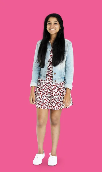 Smiling indian woman in jeans jacket — Stock Photo, Image