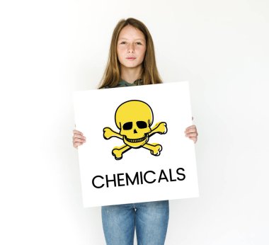 Kafatası ile afişini tutan kişi