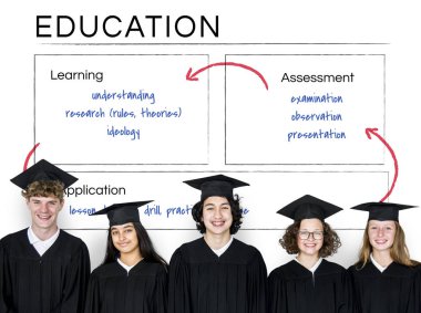 Mezuniyet kapaklar ve önlük giyen öğrenciler
