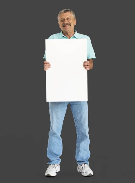 Man with mustache holding white placard — Stock Photo, Image