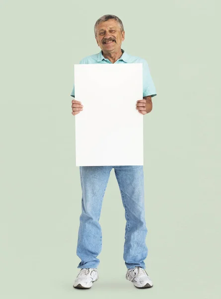 Man with mustache holding white placard — Stock Photo, Image