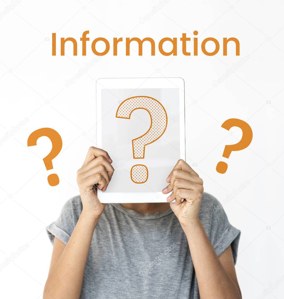 Cropped picture of woman holding digital tablet and hiding her face behind it. background with inscription: Information