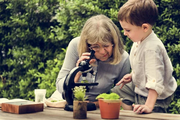 奶奶和孙子用显微镜 — 图库照片
