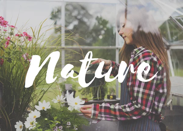 Woman watering flowers in greenhouse — Stock Photo, Image