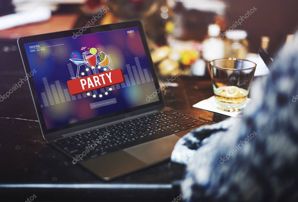Person using computer laptop, text: party