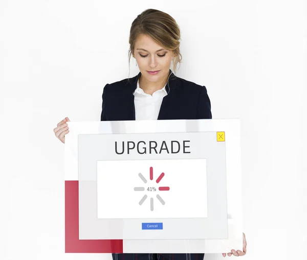 Businesswoman holds glass banner — Stock Photo, Image