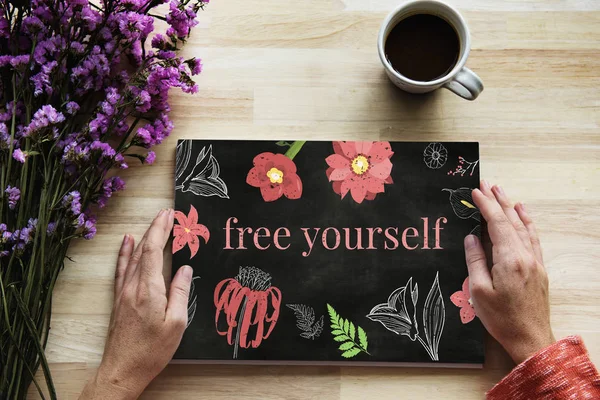 Hände arbeiten an Banner — Stockfoto