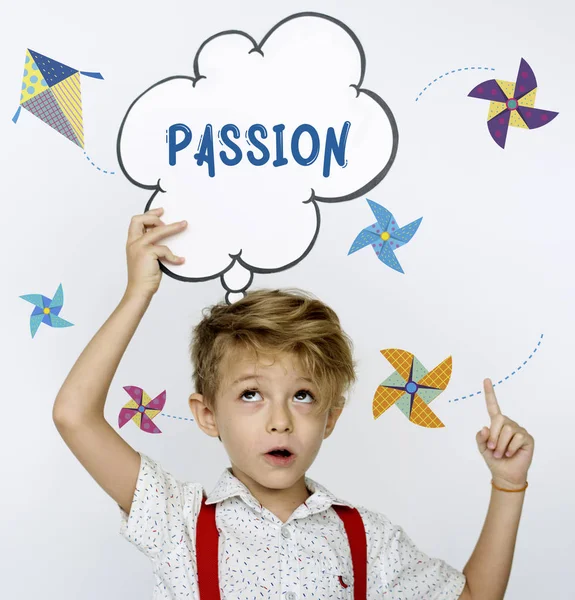 Boy holding overhead speech bubble — Stock Photo, Image