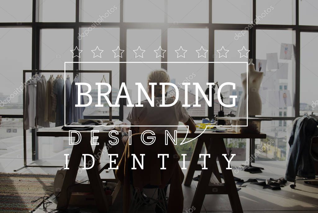 Creative fashion designer drawing in showroom, text: Branding