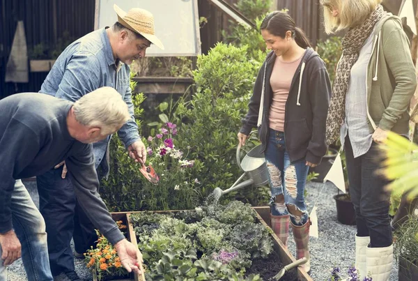 Mensen samen tuinieren op achtertuin — Stockfoto