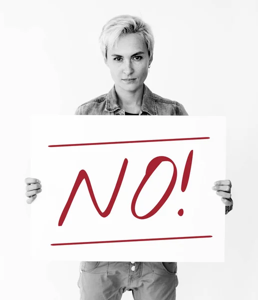 Woman showing placard — Stock Photo, Image