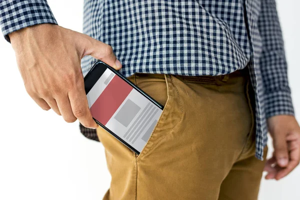 Mannenhand smartphone aanbrengend zak — Stockfoto