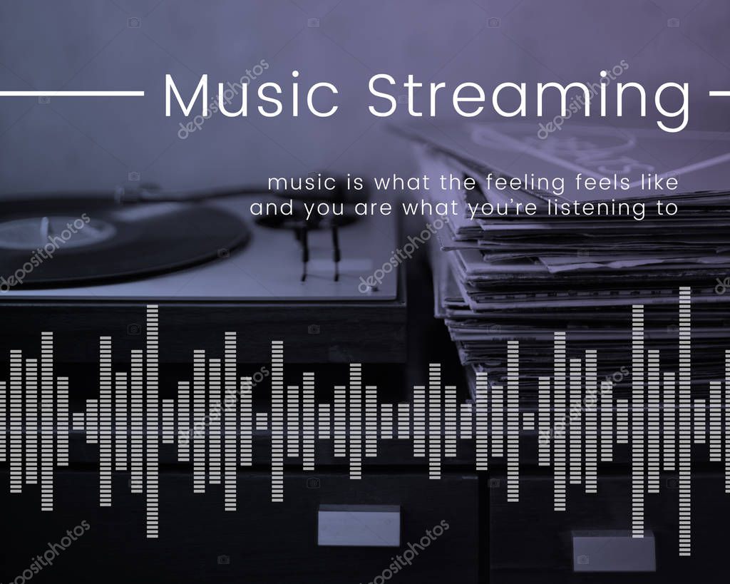 Vinyl portable player and records, music concept, graphic title: Music Streaming