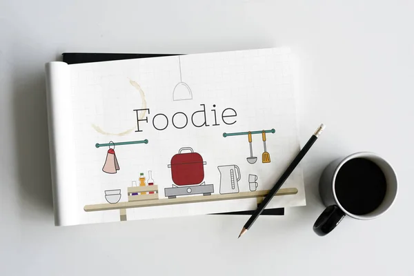 Tekening boek en koffiekopje — Stockfoto