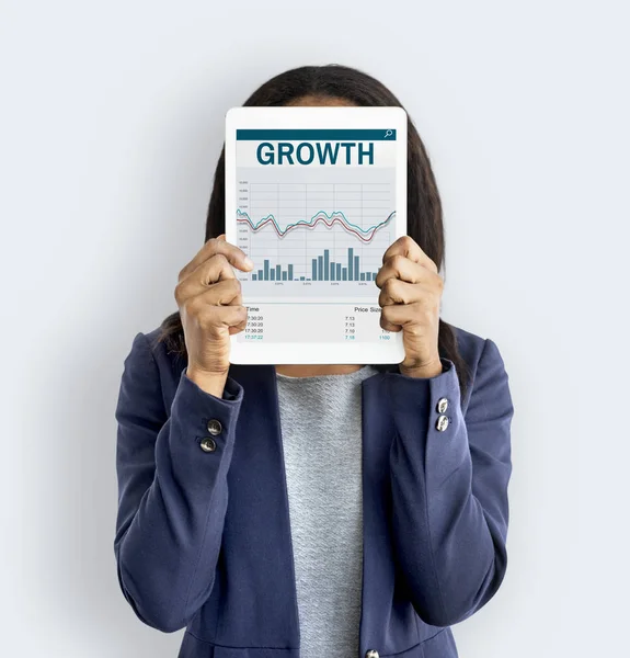 Dijital Tablet ile yüz kapsayan iş kadını 