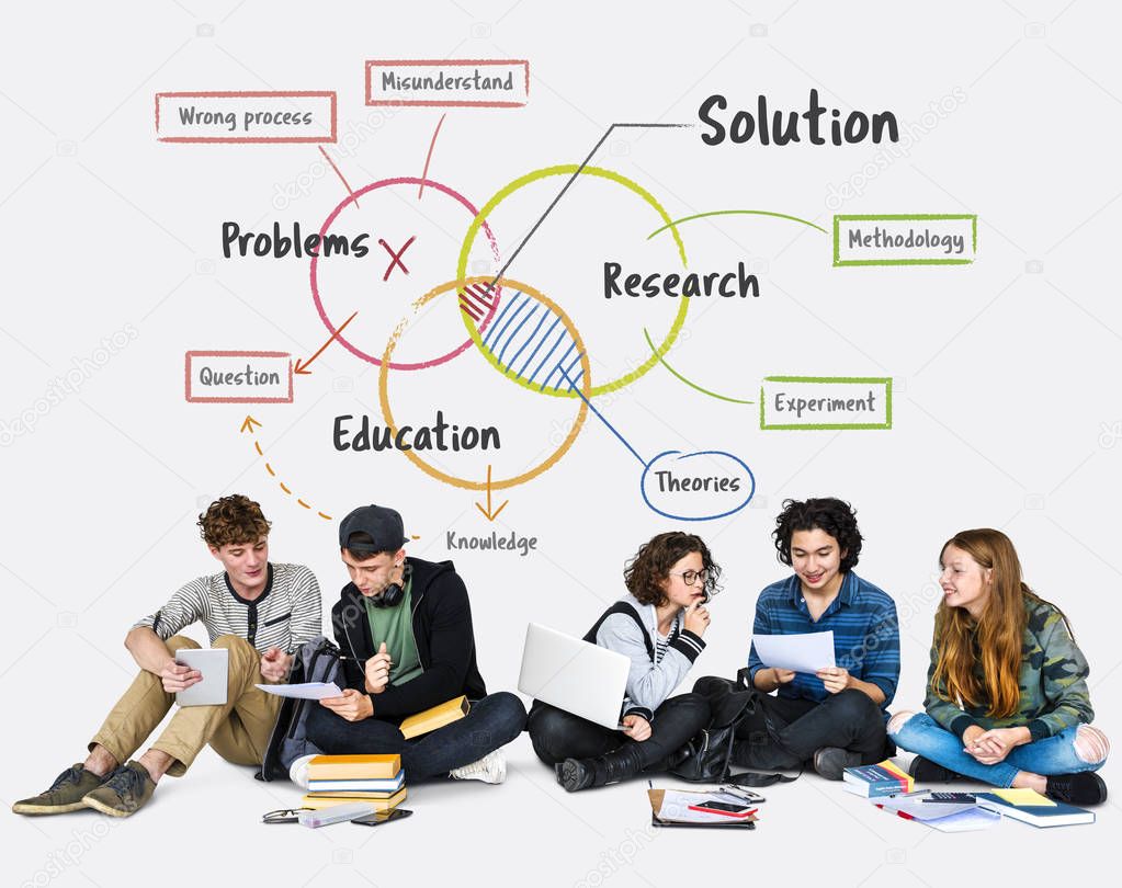 Portrait of students learning together and talking in the studio, network  Concept